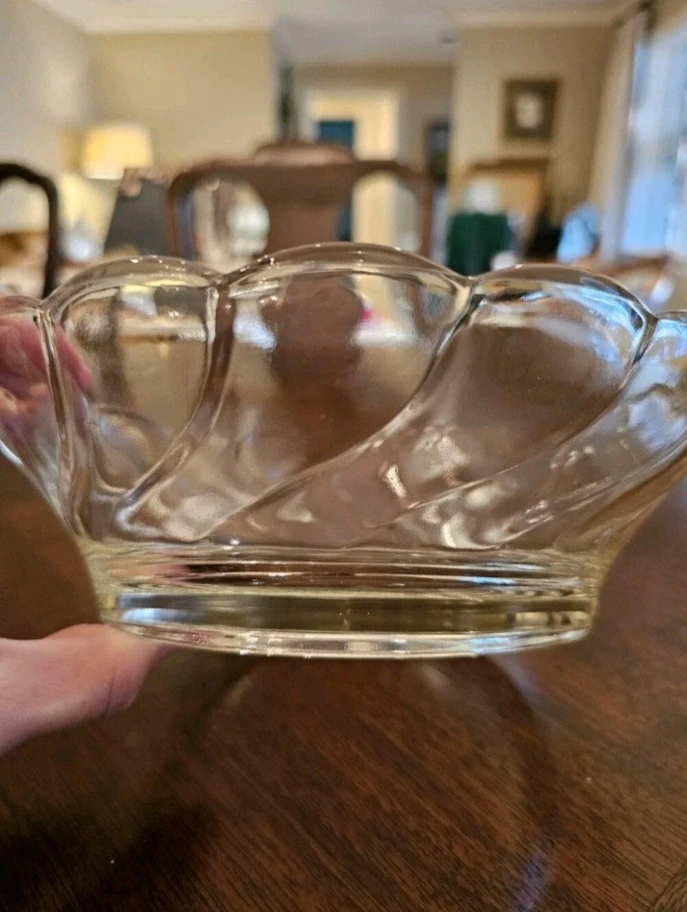Vintage 60s Clear Pressed Glass Serving Dish Bowl w/Scallop Swirl 7